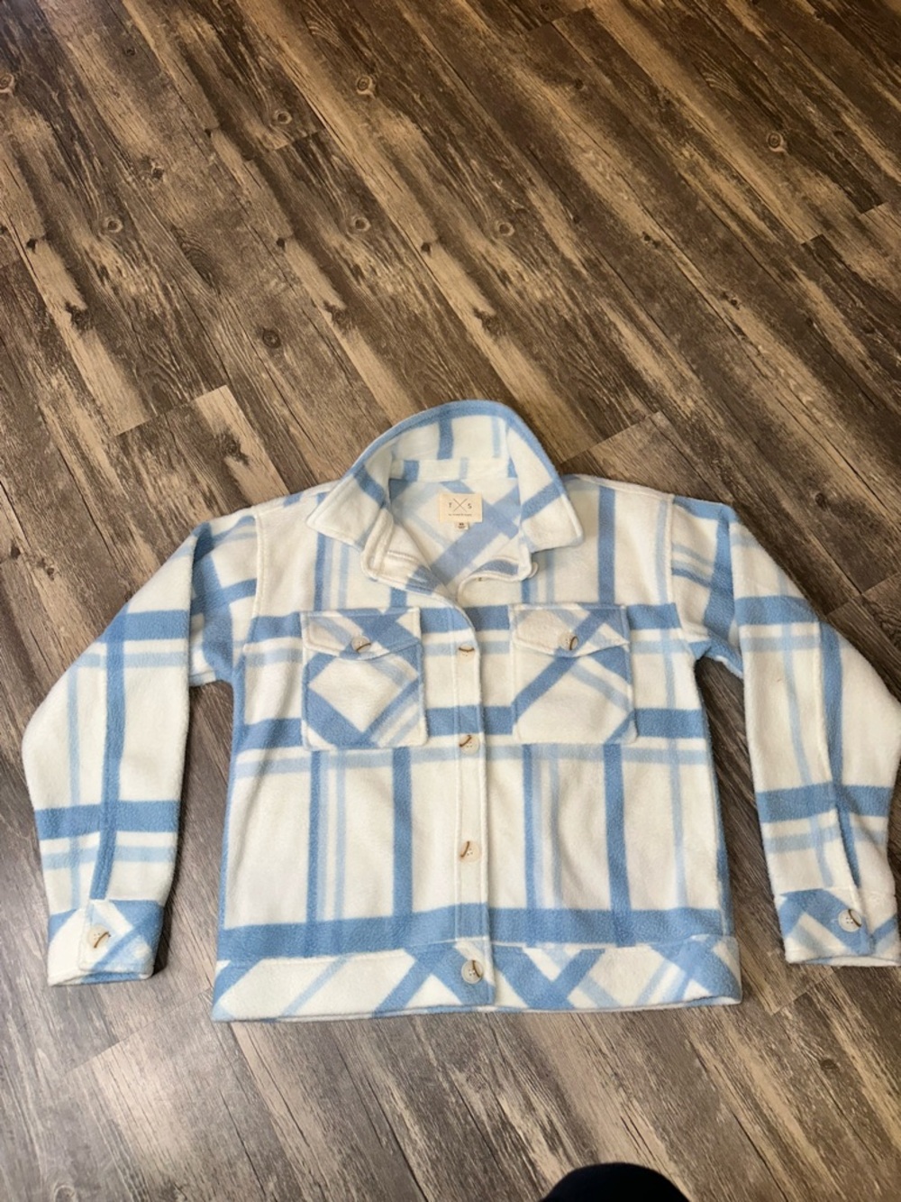 &S Thread & Supply Plaid Sherpa Shacket Jacket Blue White XS Button Front